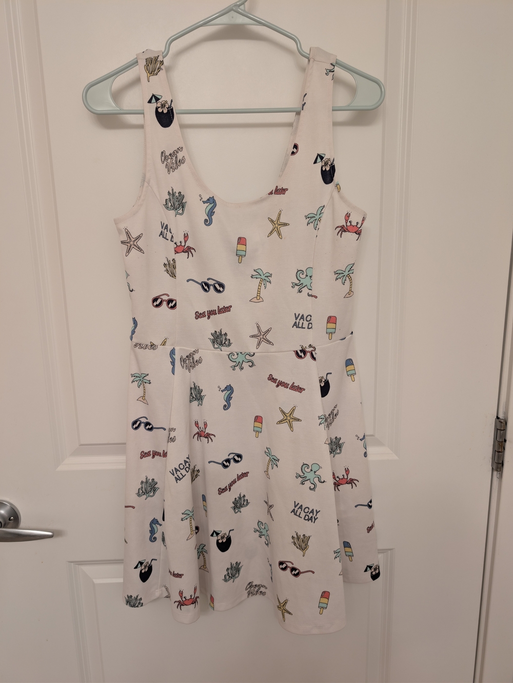 Divided White Tank Dress with Multicolor Beach Prints